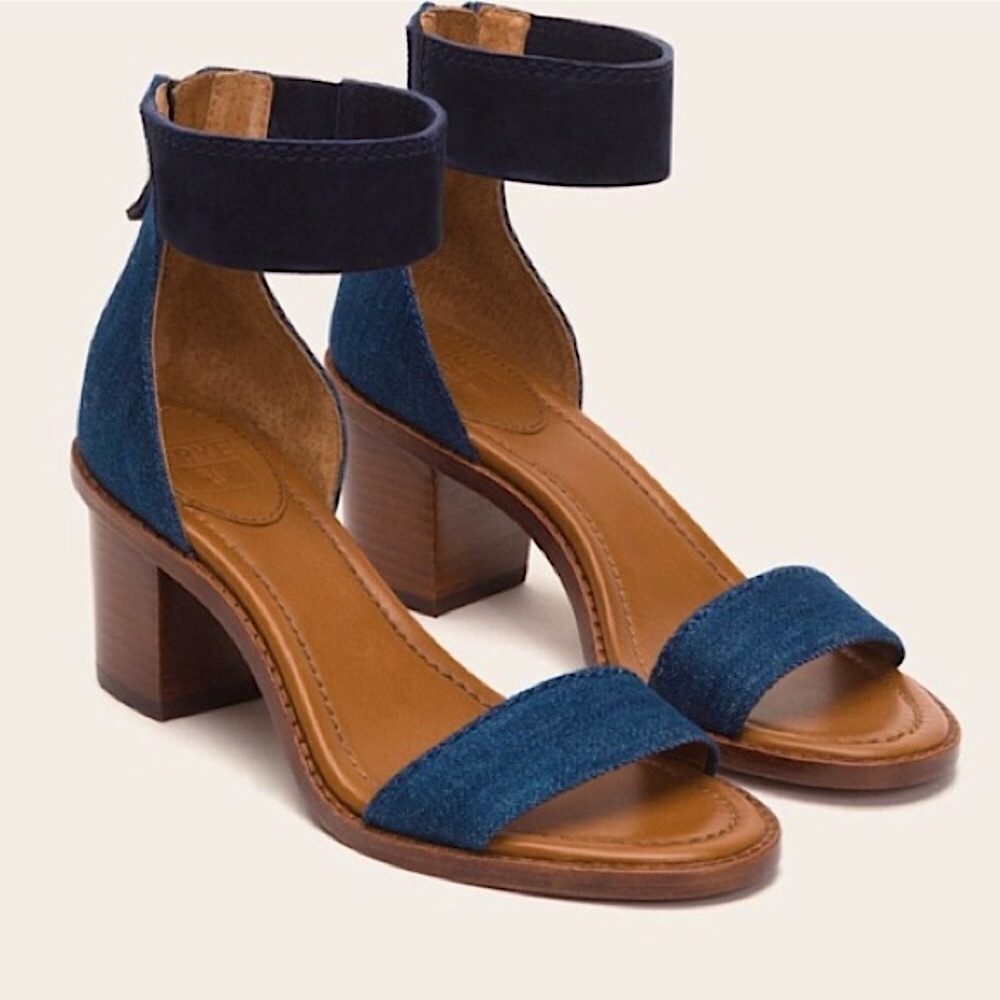 Frye Brielle Denim Suede Block Heeled Cute Sandals